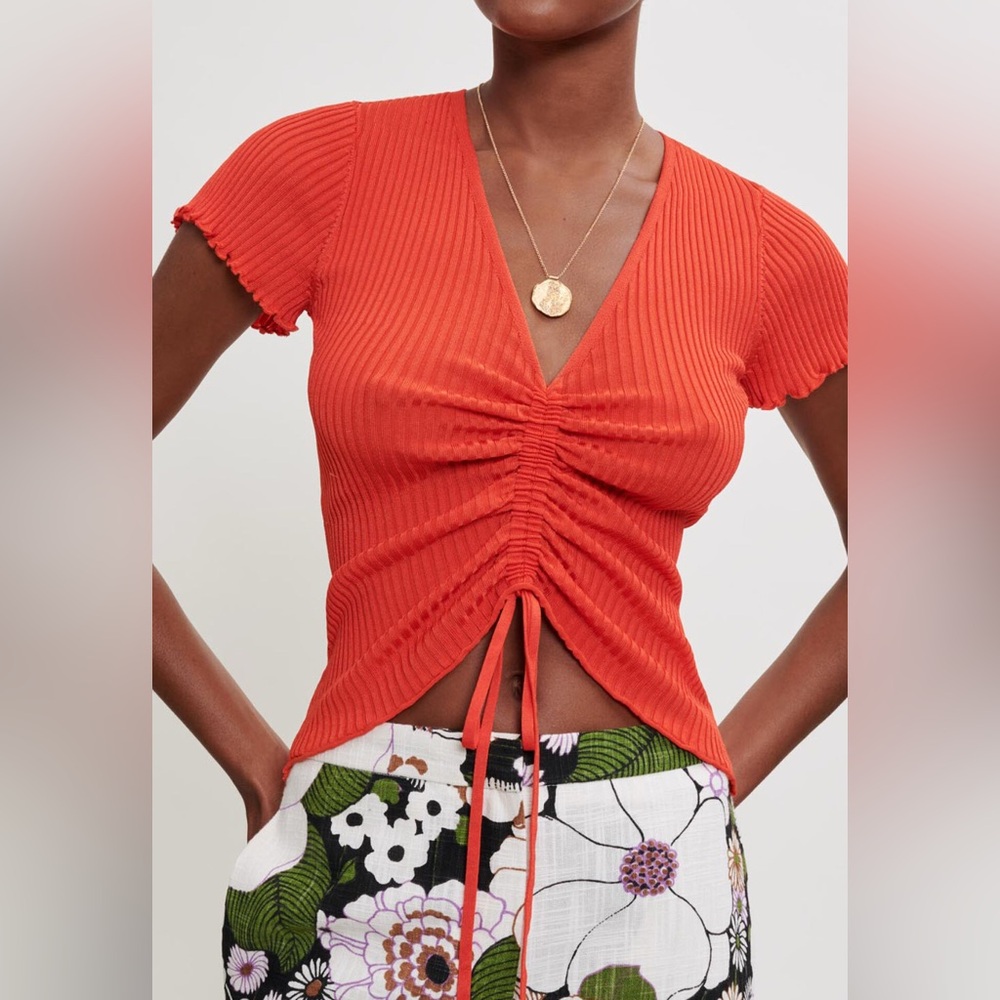 Maje Orange Ribbed Knit Ruched Tie Front Top Size 1 (US S) NWT‎